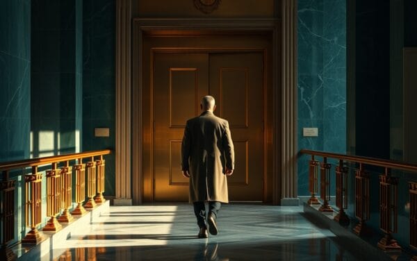 Couloir ministériel en marbre teal avec porte massive en bronze entrouverte et silhouette de dos s'avançant