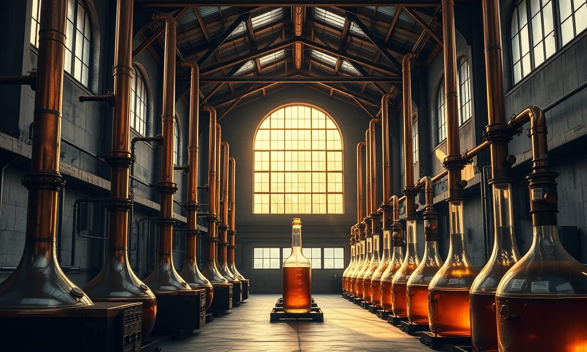 Laboratoire industriel désert avec colonnes de cuivre et flacons ambrés, lumière dorée traversant de hautes fenêtres.