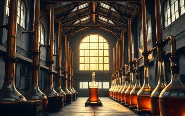 Laboratoire industriel désert avec colonnes de cuivre et flacons ambrés, lumière dorée traversant de hautes fenêtres.