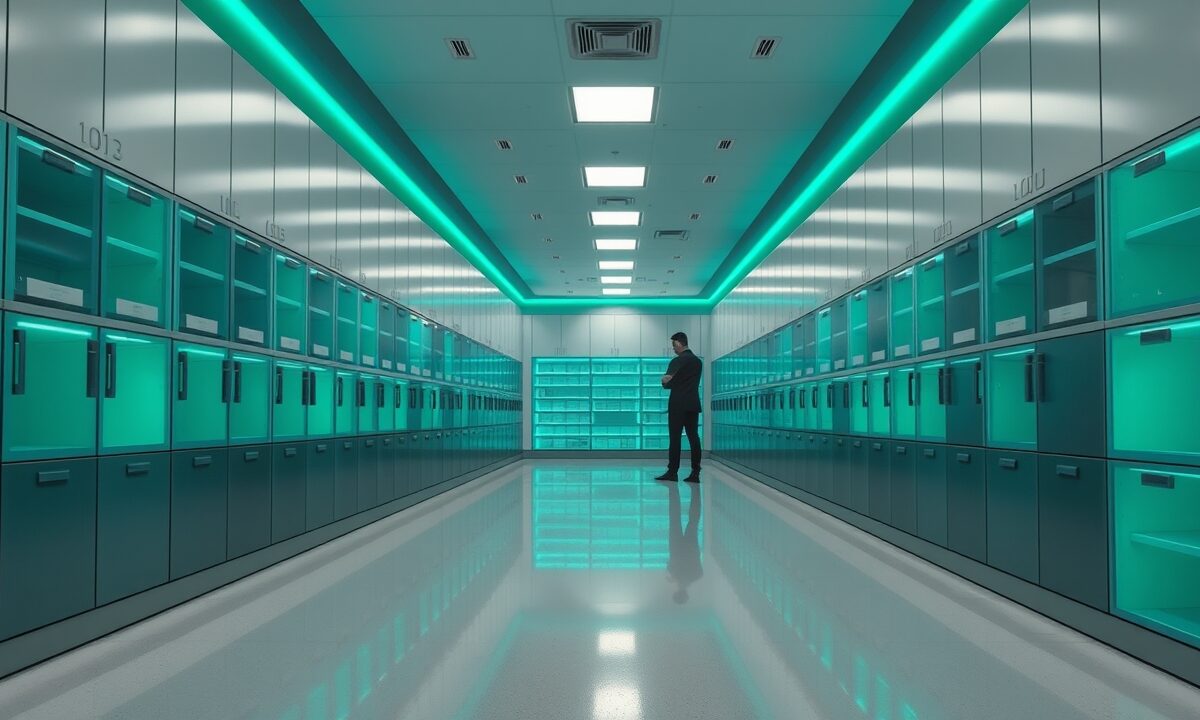 Vue large d'une salle d'archives bancaire moderne avec étagères en béton clair et accents lumineux émeraude