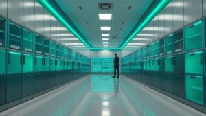 Standard Chartered vise 4 000 $ pour Ethereum d'ici fin 2026 2 Vue large d'une salle d'archives bancaire moderne avec étagères en béton clair et accents lumineux émeraude