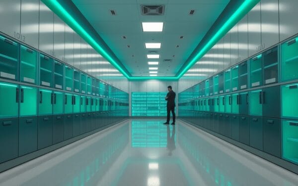 Vue large d'une salle d'archives bancaire moderne avec étagères en béton clair et accents lumineux émeraude