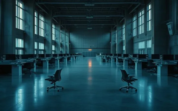 Salle de marchés vide aux tons gris acier, lumière froide diffuse et accent rouge en arrière-plan.
