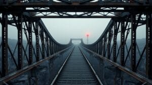Supply in Loss à 40 % : pourquoi le bottom Bitcoin a changé 4 Pont industriel en acier traversant un canyon brumeux à l'aube, signal rouge isolé au loin sur un pilier