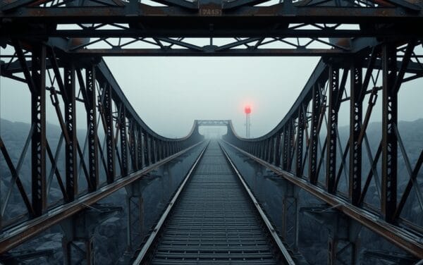 Pont industriel en acier traversant un canyon brumeux à l'aube, signal rouge isolé au loin sur un pilier