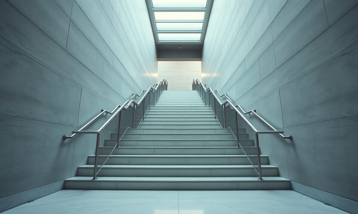 Long escalier architectural montant dans un couloir lumineux aux teintes froides et bleutées.
