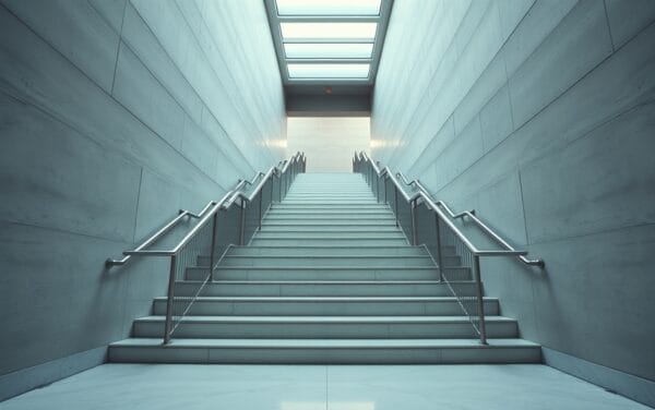 Long escalier architectural montant dans un couloir lumineux aux teintes froides et bleutées.