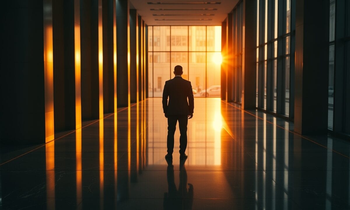 Trace Finance lève 32 M$ pour son infrastructure stablecoin 1 Couloir institutionnel d'une salle des marchés au crépuscule, silhouette d'analyste de dos au loin, tons ambre et noir.