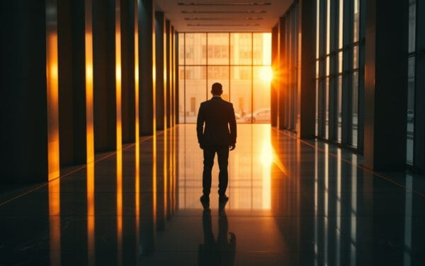 Couloir institutionnel d'une salle des marchés au crépuscule, silhouette d'analyste de dos au loin, tons ambre et noir.
