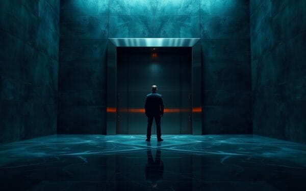 Lourde porte de coffre en acier entrouverte dans une chambre forte d'entreprise, silhouette d'un dirigeant de dos au loin.