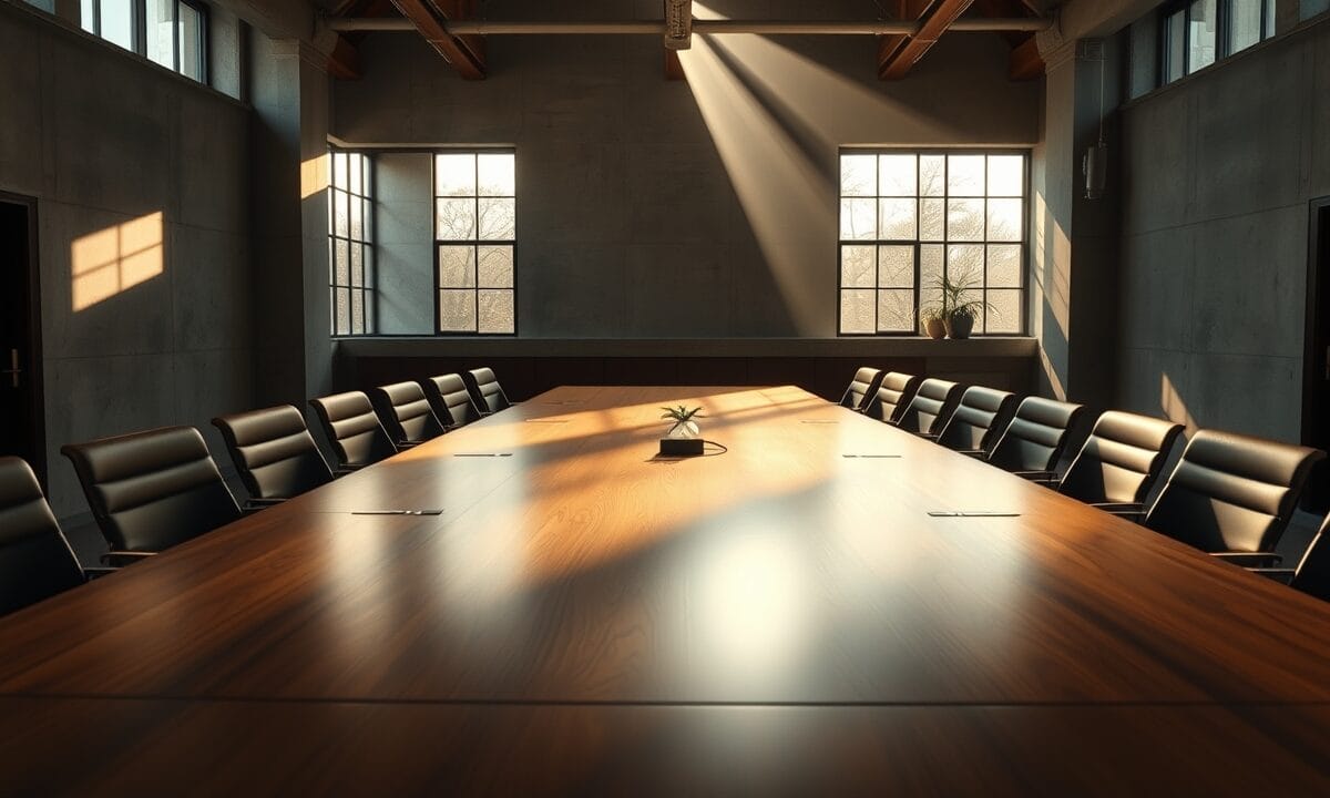 Trésors Solana cotés : Forward Industries détient 7 millions de SOL 1 Salle de conseil vide en fin d'après-midi, table en noyer, lumière ocre et olive sur béton brut