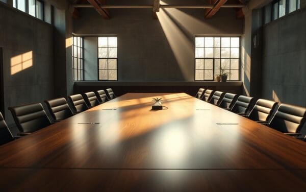 Salle de conseil vide en fin d'après-midi, table en noyer, lumière ocre et olive sur béton brut