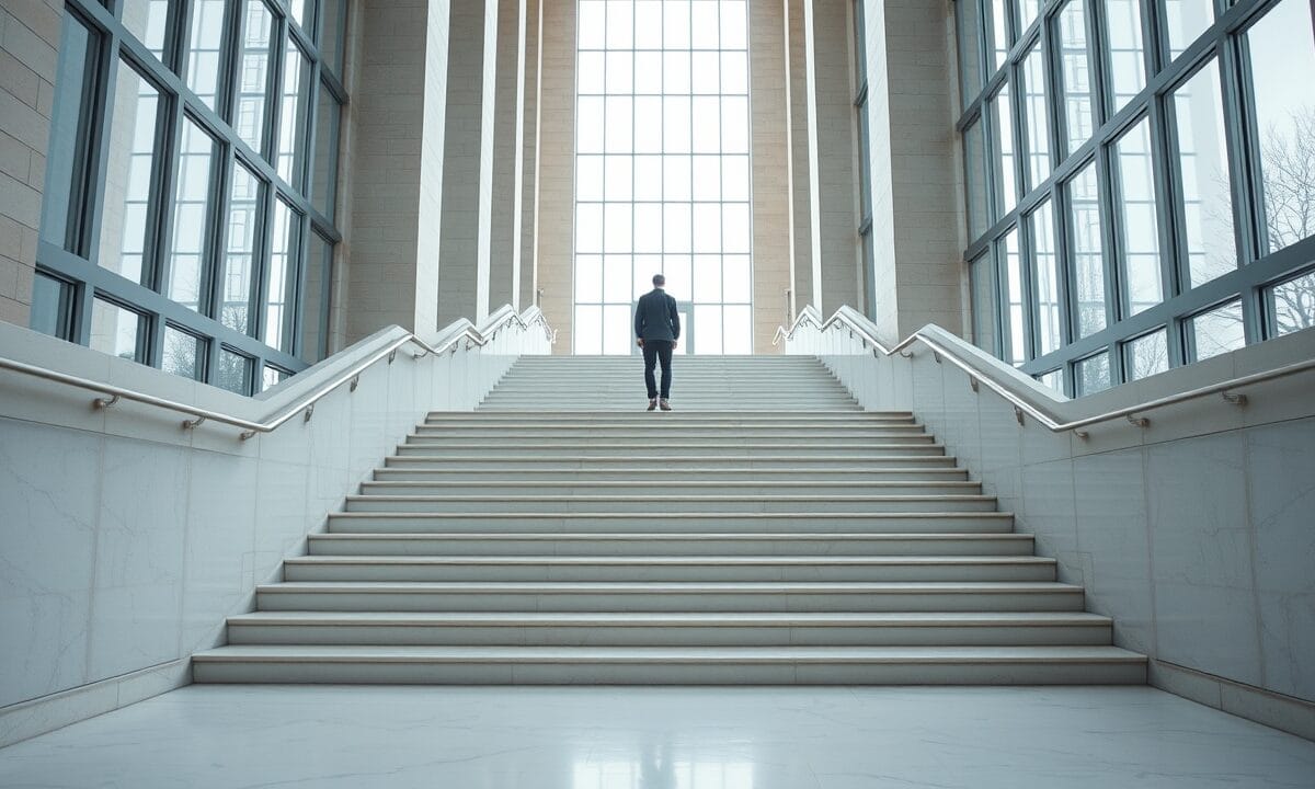 Escalier de marbre clair dans un hall institutionnel britannique, lumière froide, silhouette de dos au loin.