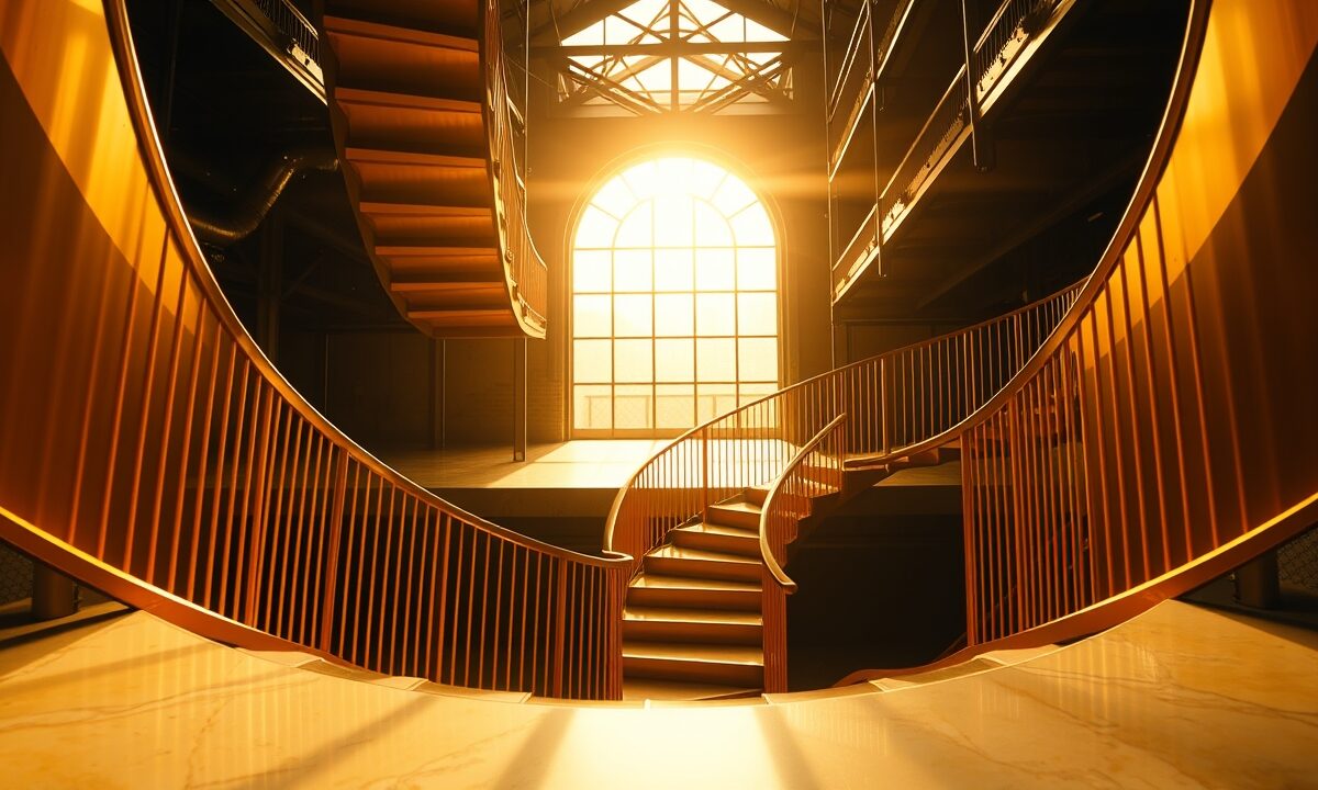 Escalier en spirale doré descendant dans un atrium industriel baigné de lumière ambrée et de pénombre.