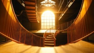 Vitalik Buterin propose une parade aux liquidations DeFi via options 1 Escalier en spirale doré descendant dans un atrium industriel baigné de lumière ambrée et de pénombre.