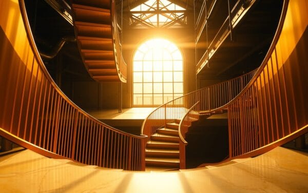 Escalier en spirale doré descendant dans un atrium industriel baigné de lumière ambrée et de pénombre.
