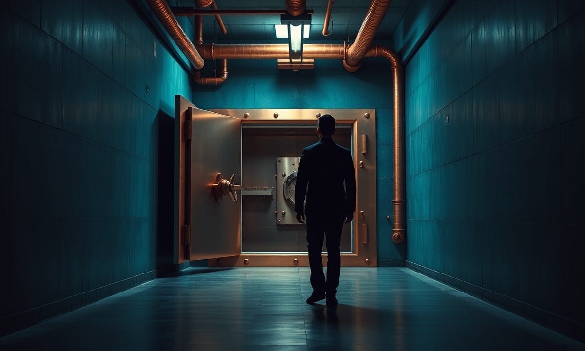 Porte de coffre cuivrée entrouverte dans un couloir sombre, silhouette d'un analyste de dos au loin.