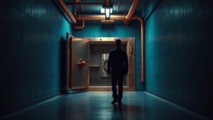 Vitalik Buterin repense la gestion des crashes en DeFi 7 Porte de coffre cuivrée entrouverte dans un couloir sombre, silhouette d'un analyste de dos au loin.