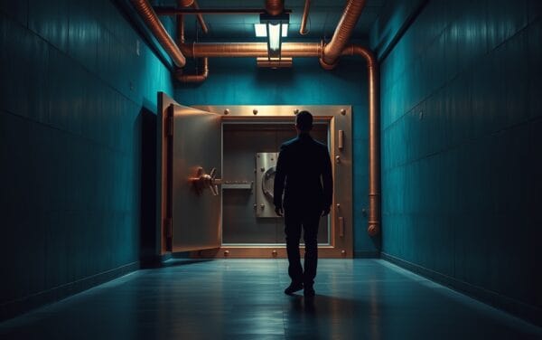 Porte de coffre cuivrée entrouverte dans un couloir sombre, silhouette d'un analyste de dos au loin.