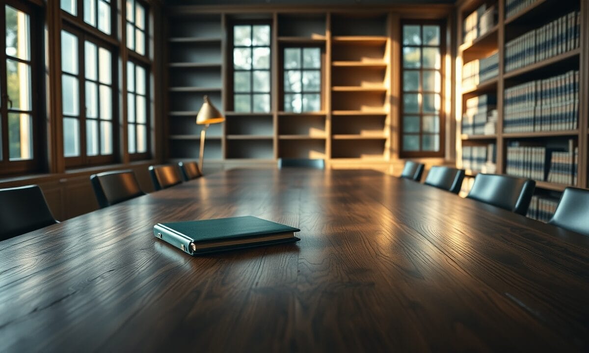 Whales ETH : 141 M$ vendus à 2 040 $ avant la chute de 20 % 1 Table en noyer sombre dans un bureau silencieux, portefeuille en cuir vert forêt et lampe en laiton éteinte.