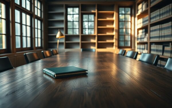Table en noyer sombre dans un bureau silencieux, portefeuille en cuir vert forêt et lampe en laiton éteinte.