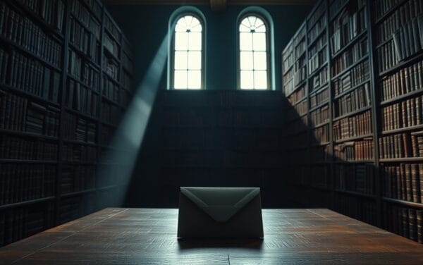 Salle d'archives historique éclairée par un rayon de lumière cuivrée, enveloppe scellée sur un bureau en chêne sombre