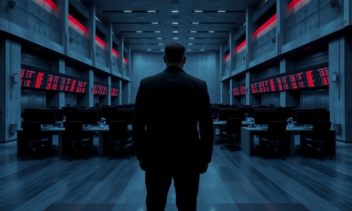 Salle des marchés vide au crépuscule, silhouette d'un trader de dos au loin