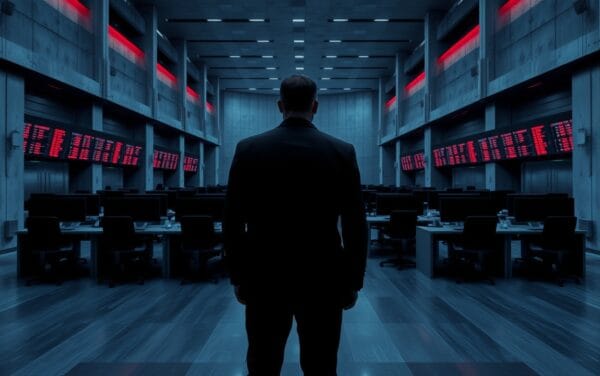 Salle des marchés vide au crépuscule, silhouette d'un trader de dos au loin