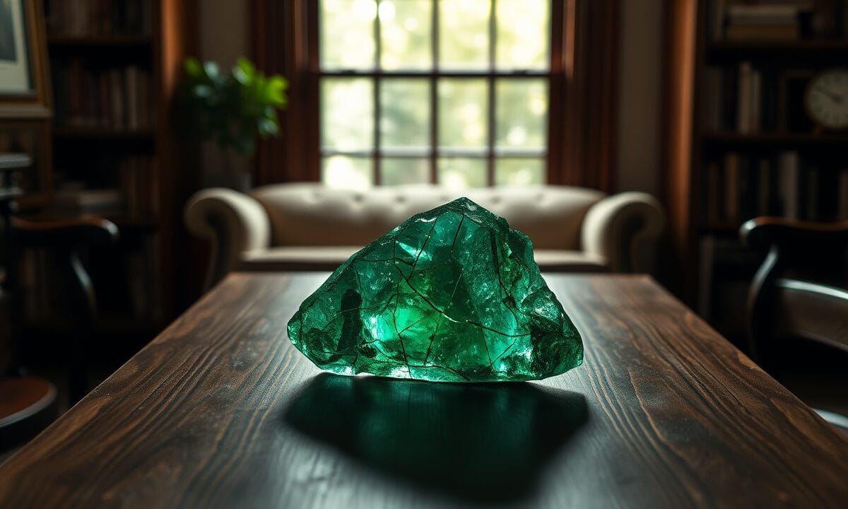 Cristal vert fissuré posé sur une table en bois sombre, lumière naturelle, ambiance feutrée.