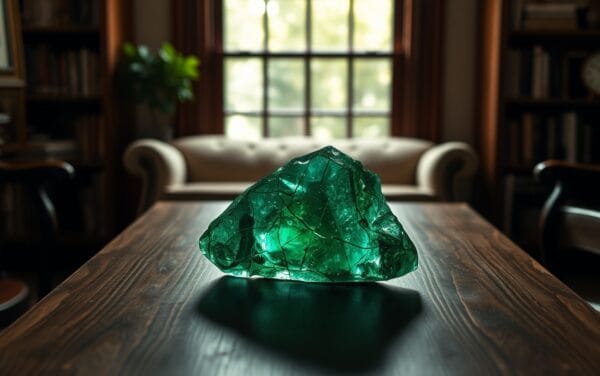 Cristal vert fissuré posé sur une table en bois sombre, lumière naturelle, ambiance feutrée.