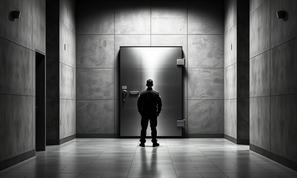 500 BTC saisis : l'Irlande récupère 30,76 M$ du stock Collins 1 Porte de coffre-fort en acier entrouverte dans un couloir d'archives, silhouette d'un policier de dos au loin.