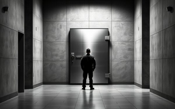 Porte de coffre-fort en acier entrouverte dans un couloir d'archives, silhouette d'un policier de dos au loin.