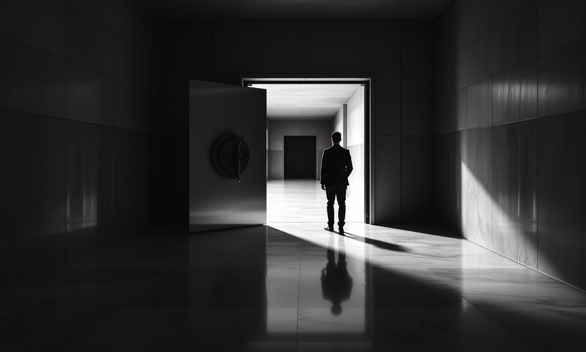 Porte de coffre en acier entrouverte dans un couloir institutionnel sombre, silhouette de dos au loin
