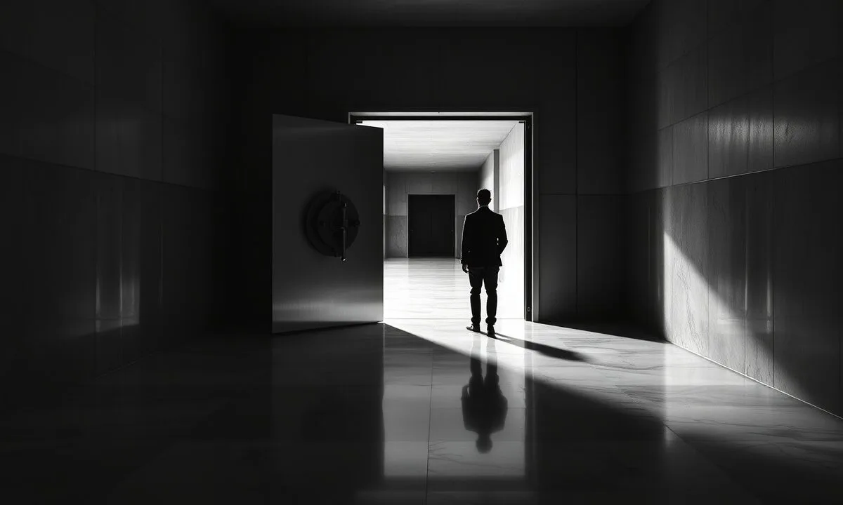 A7A5 : les analystes contestent le volume du stablecoin russe 1 Porte de coffre en acier entrouverte dans un couloir institutionnel sombre, silhouette de dos au loin