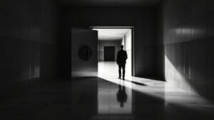 A7A5 : les analystes contestent le volume du stablecoin russe 14 Porte de coffre en acier entrouverte dans un couloir institutionnel sombre, silhouette de dos au loin