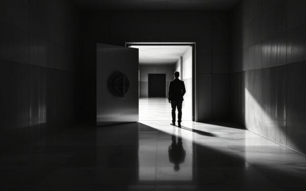 Porte de coffre en acier entrouverte dans un couloir institutionnel sombre, silhouette de dos au loin