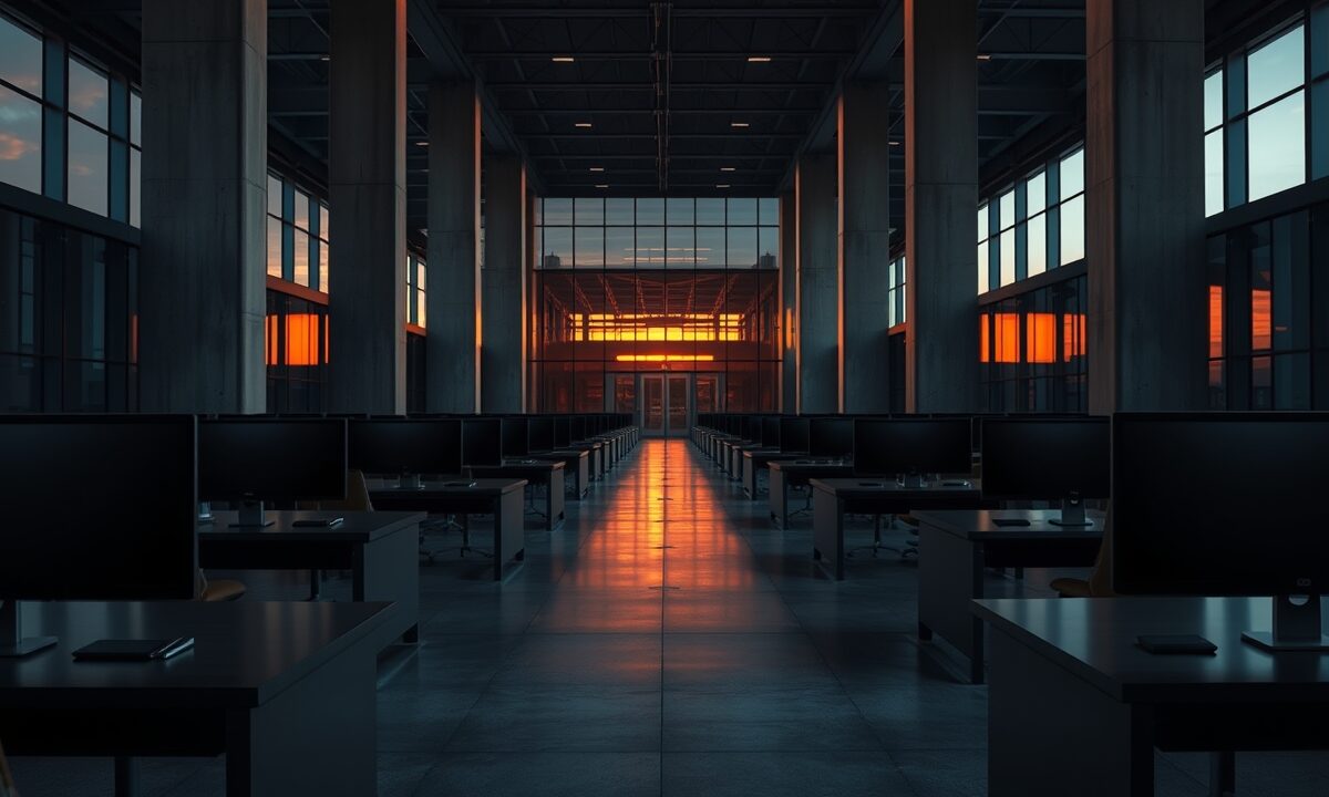Asia Express : Metaplanet acquiert BTC à 95 117 $ par unité 1 Salle des marchés vide au crépuscule, bureaux d'acier sombre baignés d'une lumière corail