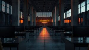 Asia Express : Metaplanet acquiert BTC à 95 117 $ par unité 9 Salle des marchés vide au crépuscule, bureaux d'acier sombre baignés d'une lumière corail
