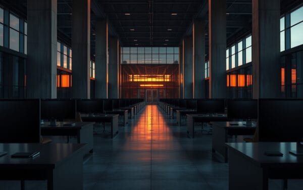 Salle des marchés vide au crépuscule, bureaux d'acier sombre baignés d'une lumière corail