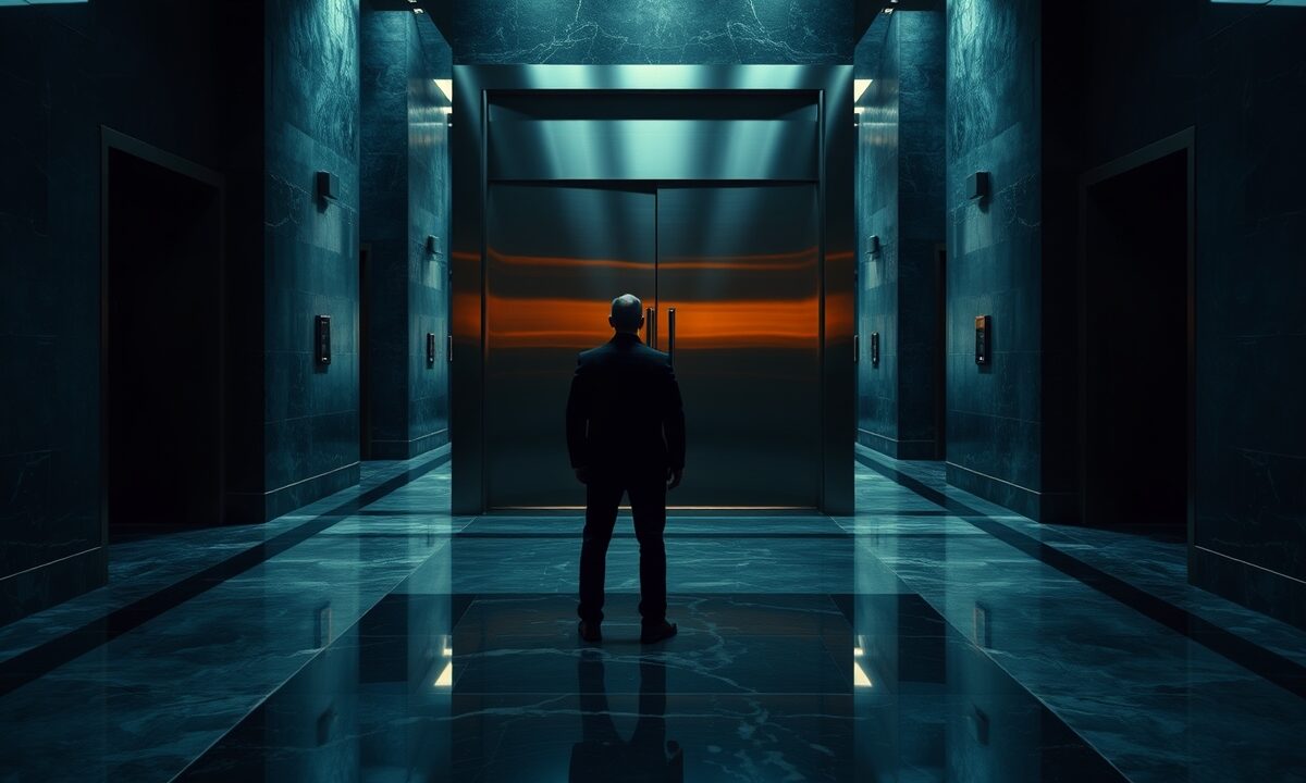 Porte institutionnelle en acier entrouverte dans un couloir sombre, silhouette de dos au loin.