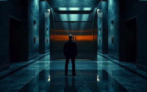 Porte institutionnelle en acier entrouverte dans un couloir sombre, silhouette de dos au loin.