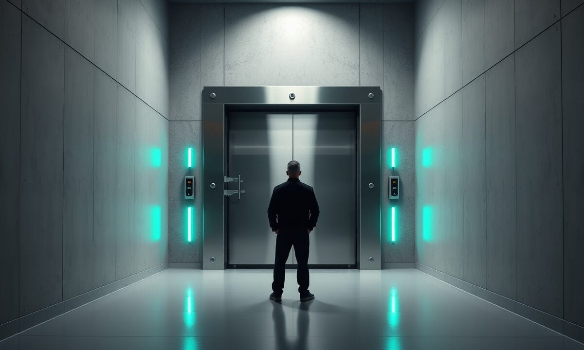 Porte de coffre en acier entrouverte dans un couloir clair, lumières vertes, silhouette de dos au loin