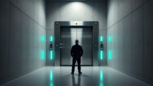 Bitcoin : ZKPoSP protège contre attaques quantiques futures 12 Porte de coffre en acier entrouverte dans un couloir clair, lumières vertes, silhouette de dos au loin