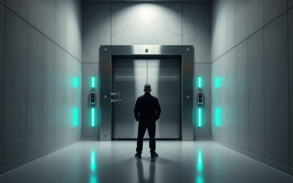 Porte de coffre en acier entrouverte dans un couloir clair, lumières vertes, silhouette de dos au loin