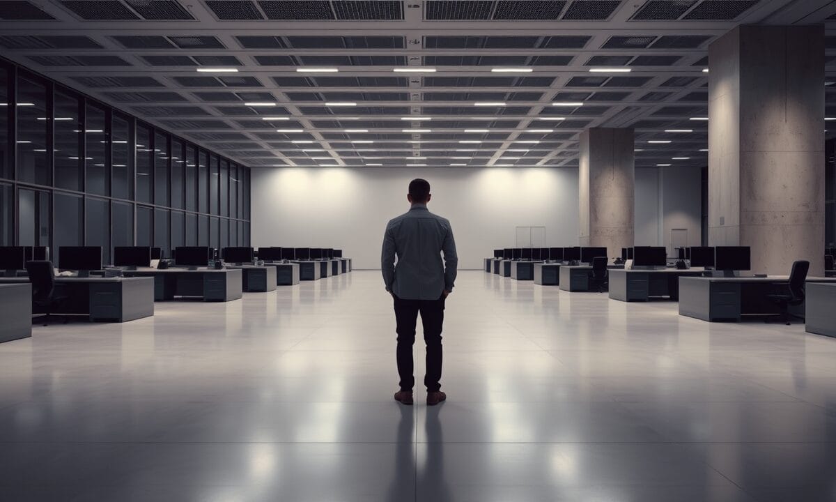 BTC : PlanB vise 52 000 $ après le pire juin depuis 2022 1 Salle des marchés vide au crépuscule, silhouette d'un analyste de dos au loin