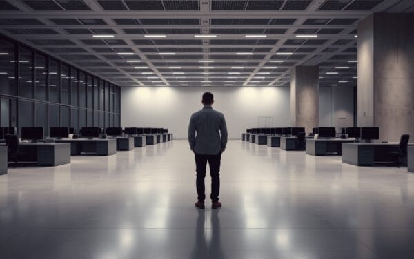 Salle des marchés vide au crépuscule, silhouette d'un analyste de dos au loin