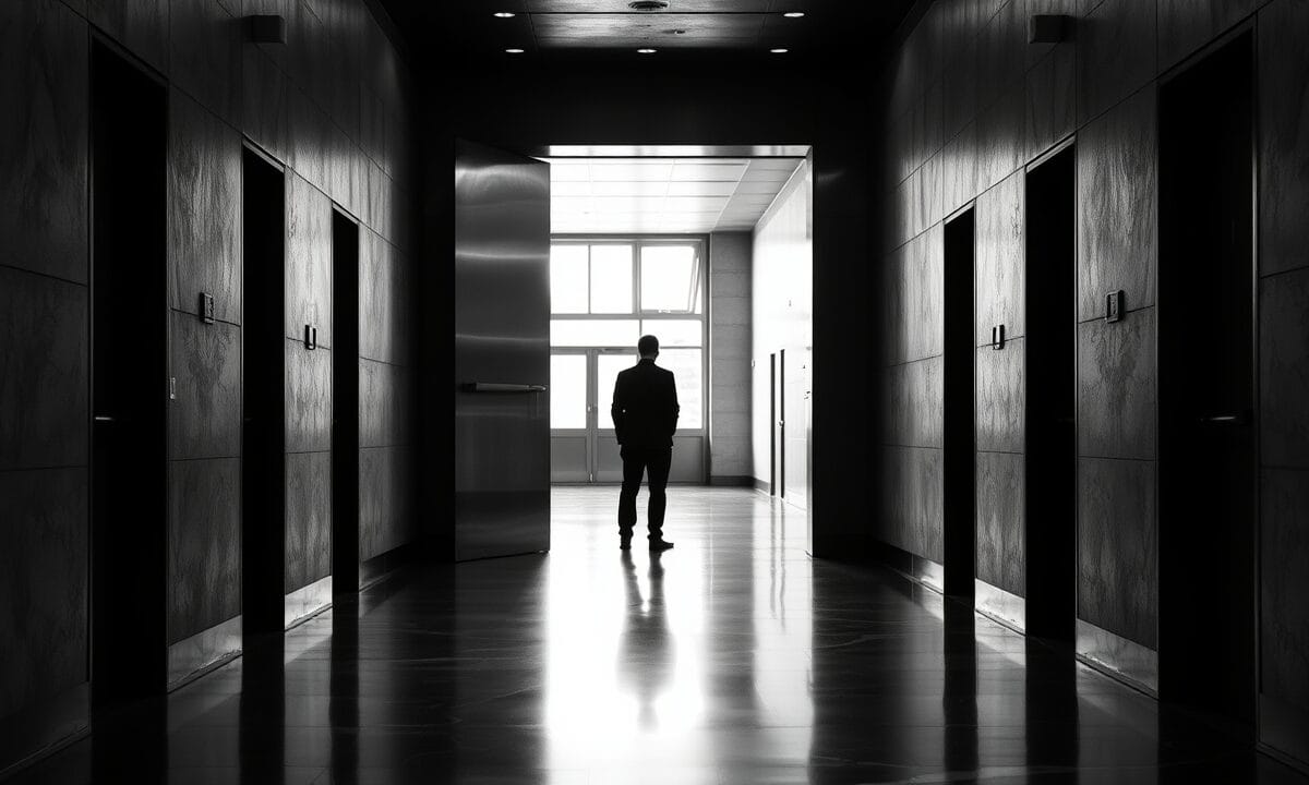 Lourde porte en acier entrouverte dans un couloir institutionnel, silhouette de dos au loin, photo noir et blanc contrastée.