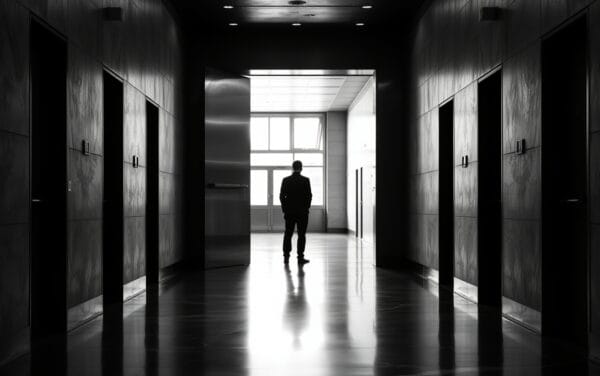 Lourde porte en acier entrouverte dans un couloir institutionnel, silhouette de dos au loin, photo noir et blanc contrastée.