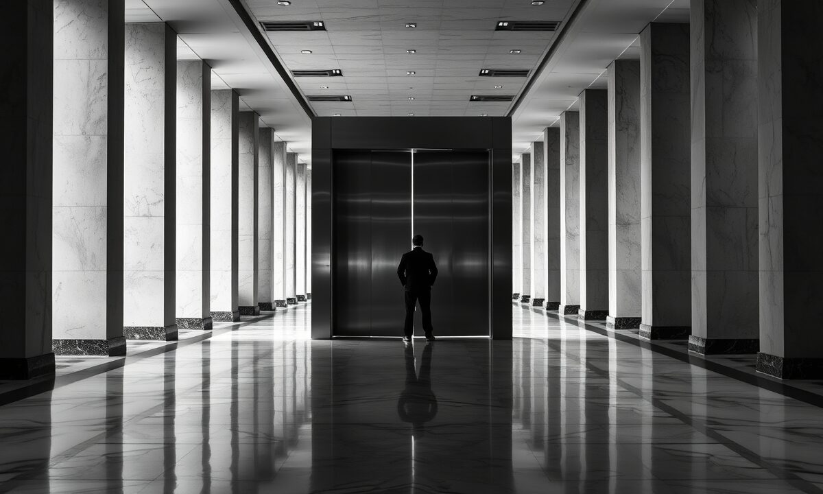 Lourde porte d'acier entrouverte dans un couloir institutionnel désert, silhouette de dos au loin.