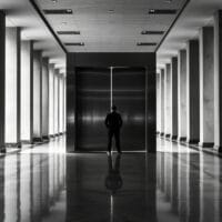 Lourde porte d'acier entrouverte dans un couloir institutionnel désert, silhouette de dos au loin.